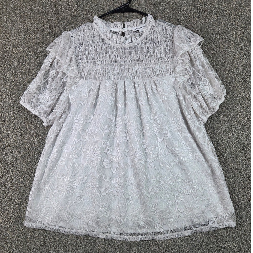 Perception Concept Lace Blouse Women Large White Smocked Mock Neck Ruffle Top